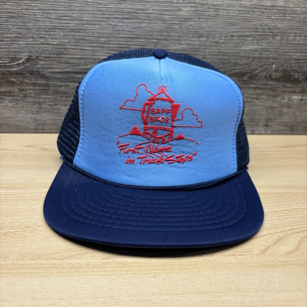 Vintage Sapp Bros Hat Cap Snap Back Blue Trucker Mesh Truck Stop Coffee Pot Prom